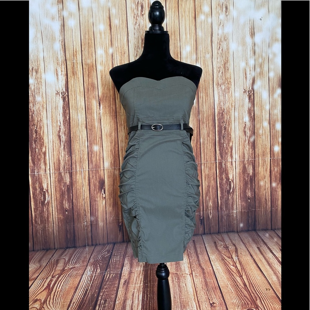 Miss Cocoa Stretch Women's Strapless Green Cargo Ruched Tube Dress Size Medium
